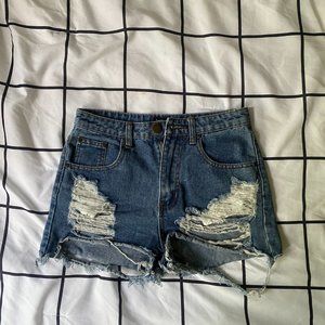 Boohoo High Waist Distressed Denim Shorts
